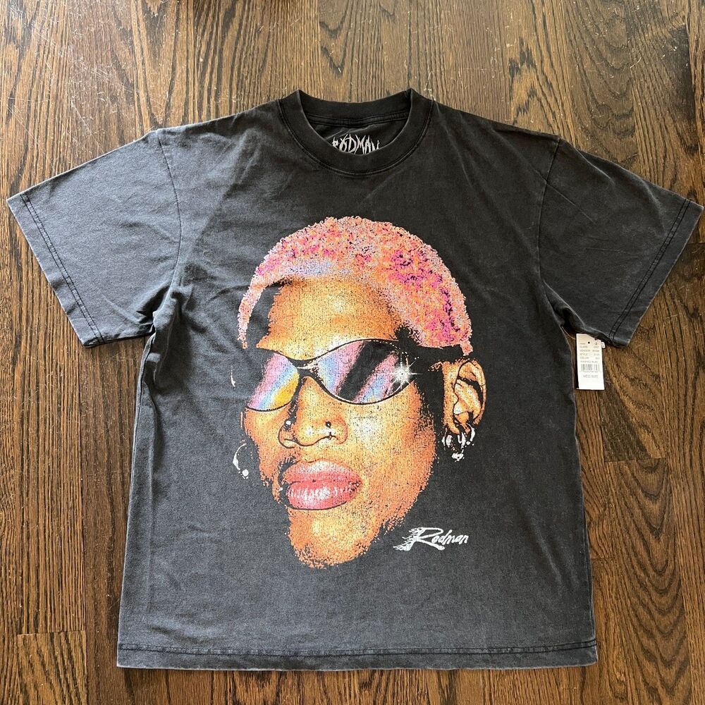 Rodman Apparel Portrait Tee Mens M Washed Black Dennis Rodman Graphic NWT Y2K